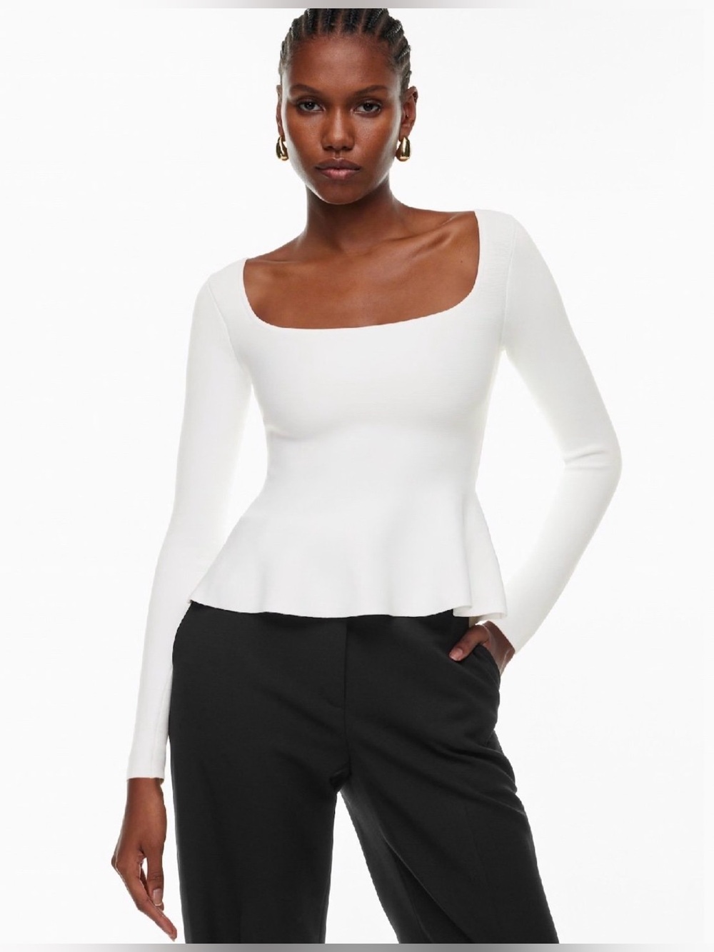 Aritzia Babaton Sculpt Knit Pouf Longsleeve Square Neck Peplum Knit Top Size XS